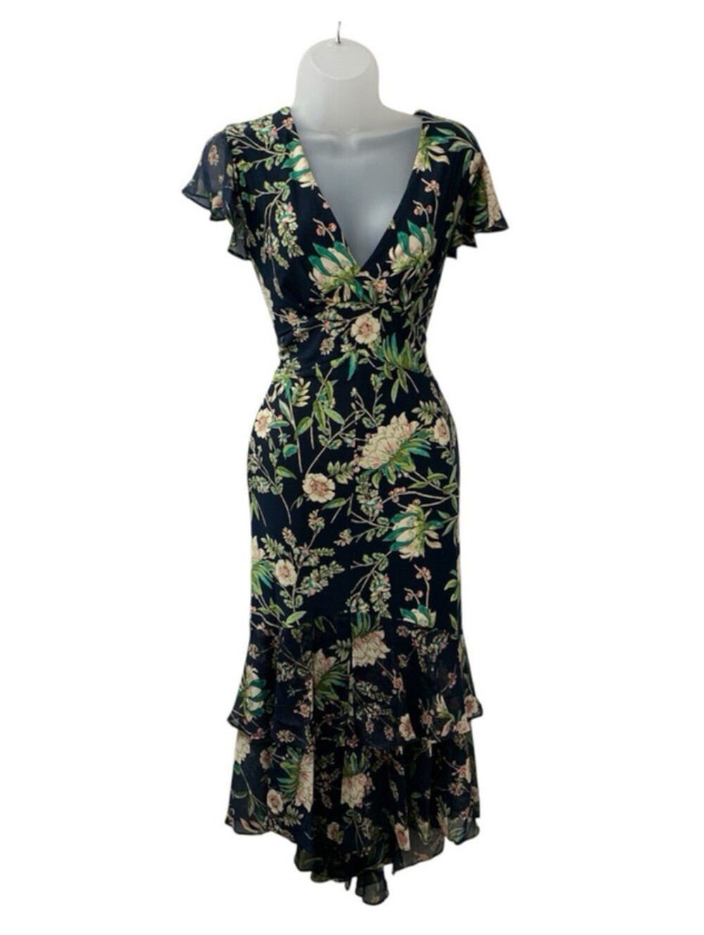 Tommy Hilfiger Women's Floral Flutter Sleeve V-Neck Ruffle Trim Dress, Size 8